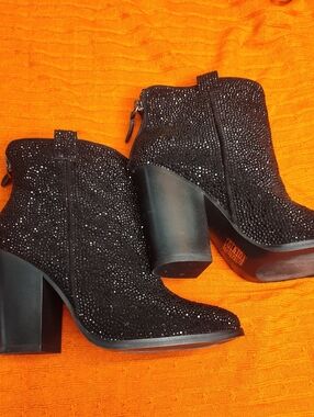 Crystal-Embellished Black Ankle Booties with Block Heel